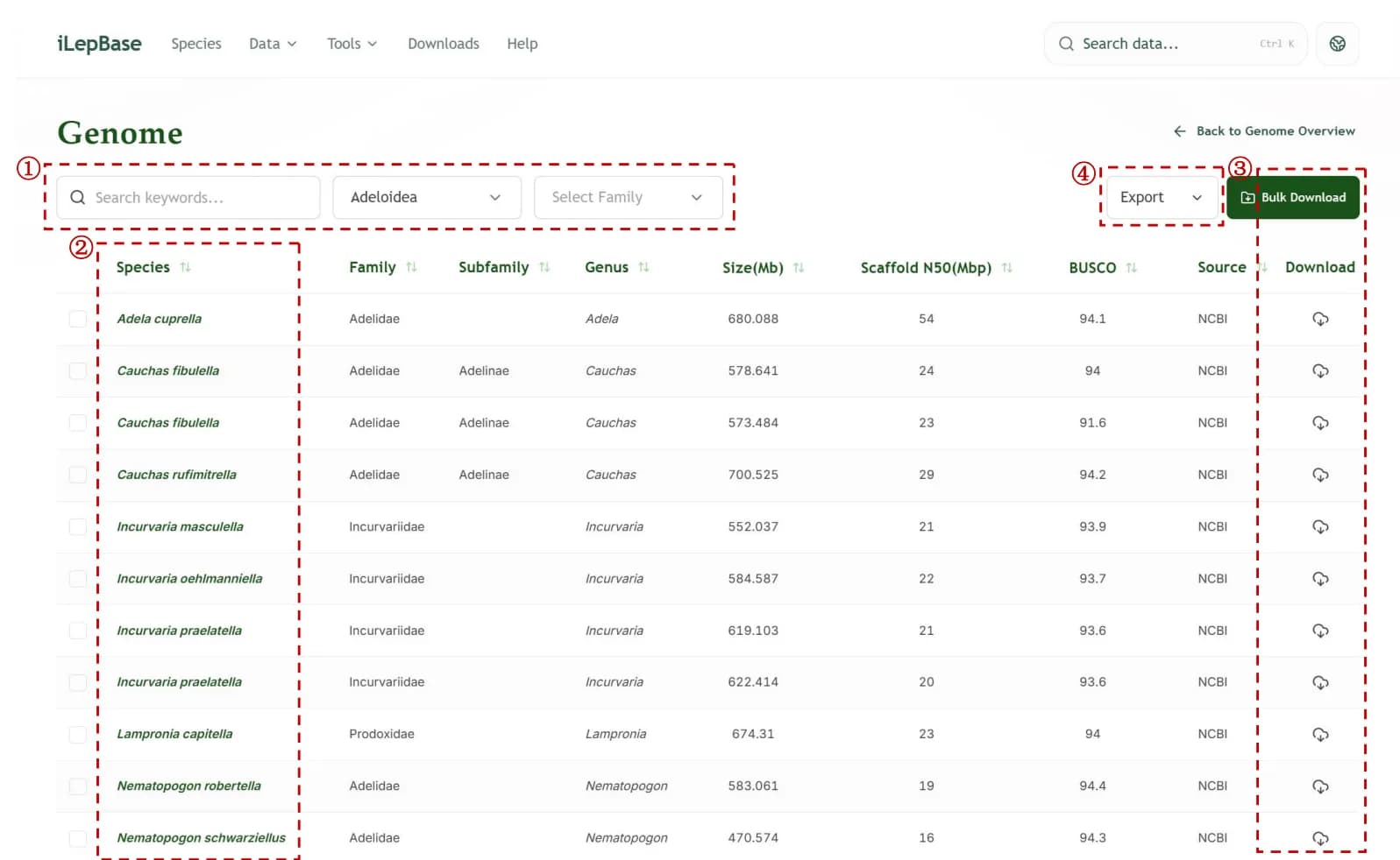 Genome module filtering, download and export controls