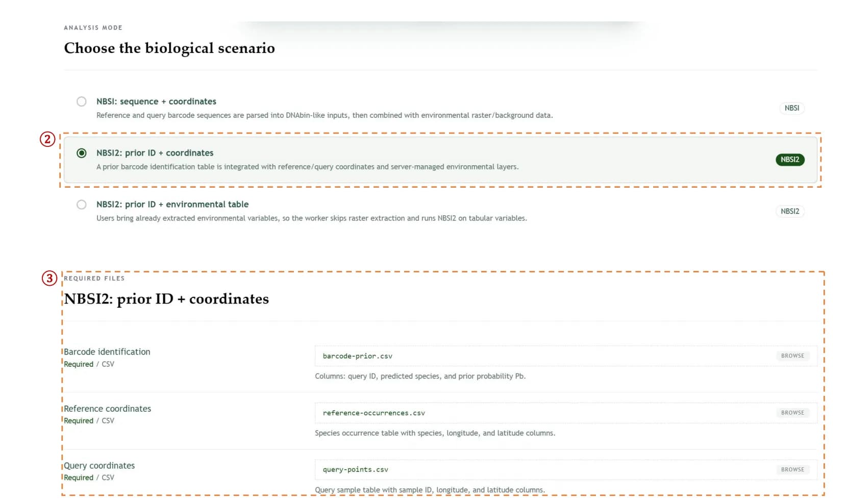 NicheBarcoding required files panel